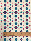 1 YD Cotton Blend Knit Vintage - Pale Yellow with Southwester Shapes in Teal, Red and Navy Blue