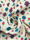 1 YD Cotton Blend Knit Vintage - Pale Yellow with Southwester Shapes in Teal, Red and Navy Blue