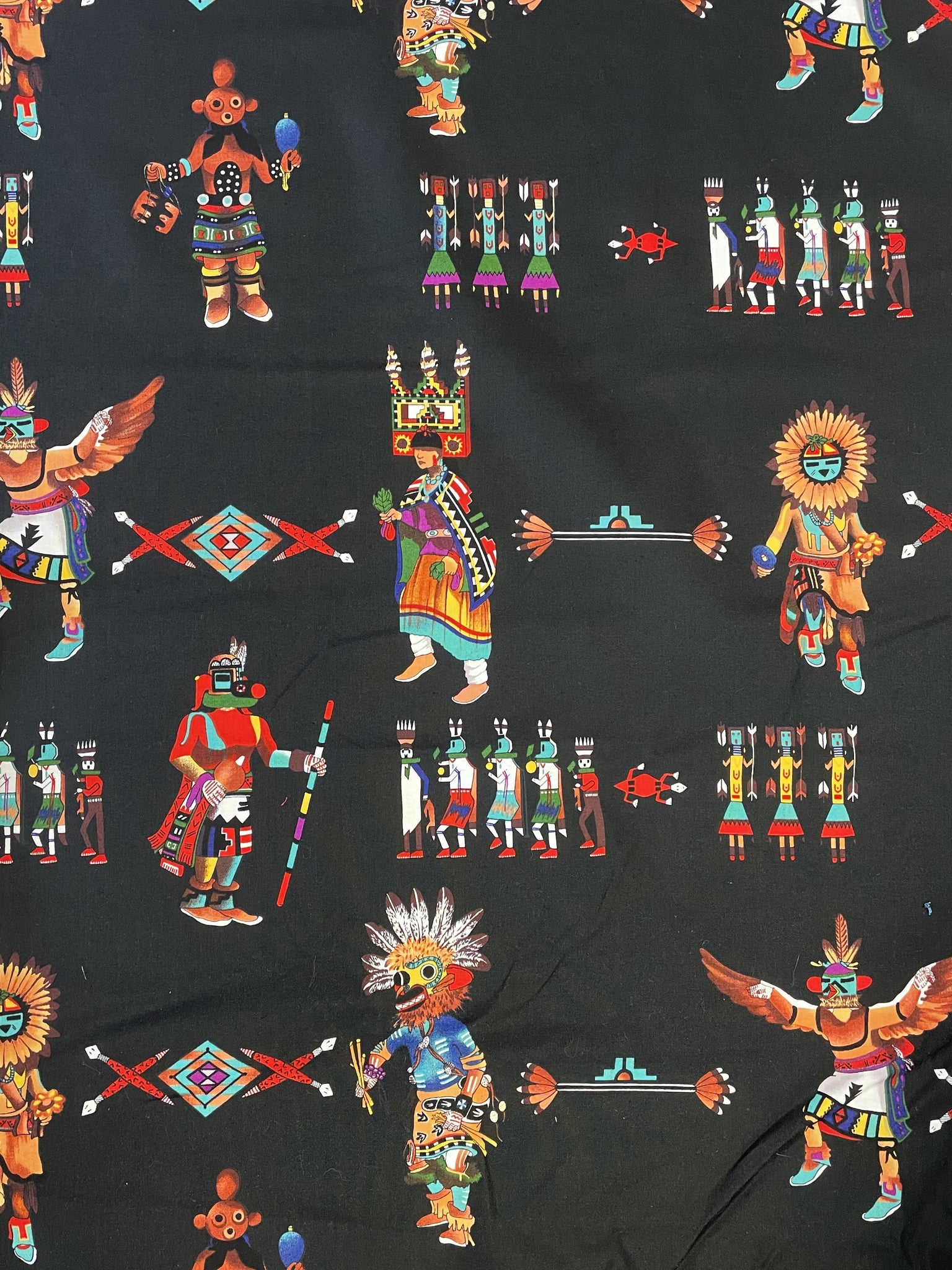3 1/2 YD Cotton Vintage - Native American Dancers and Kachina Dolls on Black