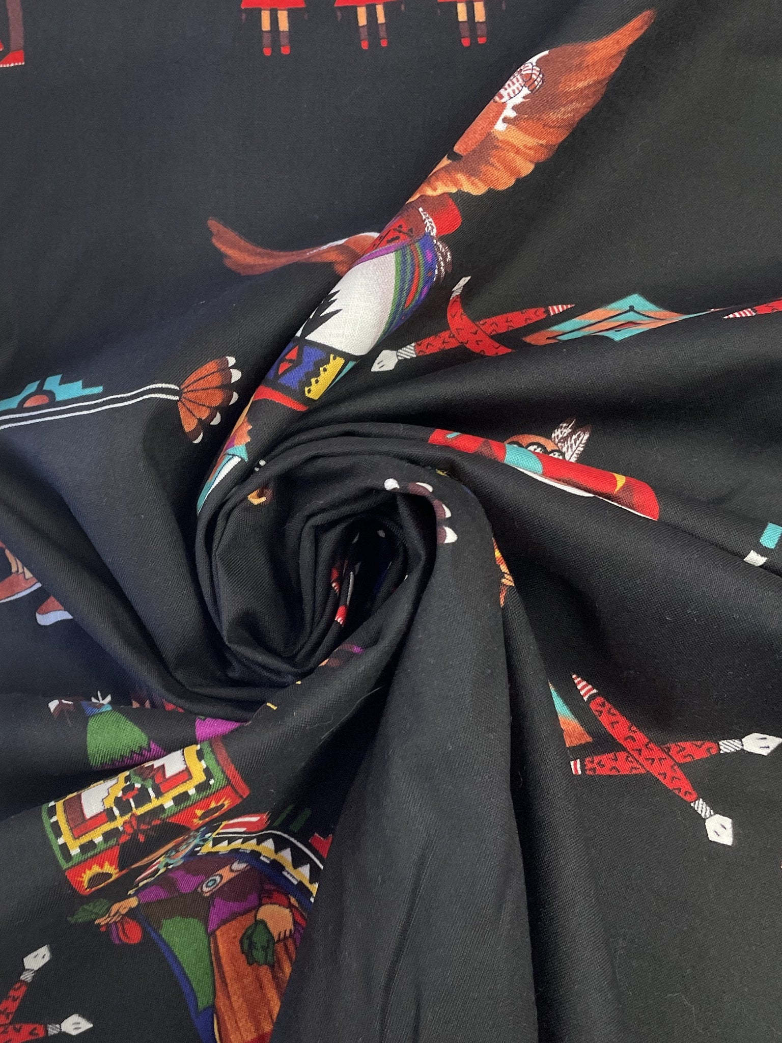 3 1/2 YD Cotton Vintage - Native American Dancers and Kachina Dolls on Black
