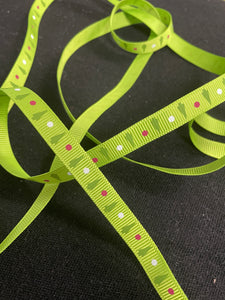 6 1/4 YD Polyester Grosgrain Ribbon Printed - Bright Green with Green Christmas Trees and Polka Dots