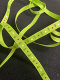 6 1/4 YD Polyester Grosgrain Ribbon Printed - Bright Green with Green Christmas Trees and Polka Dots