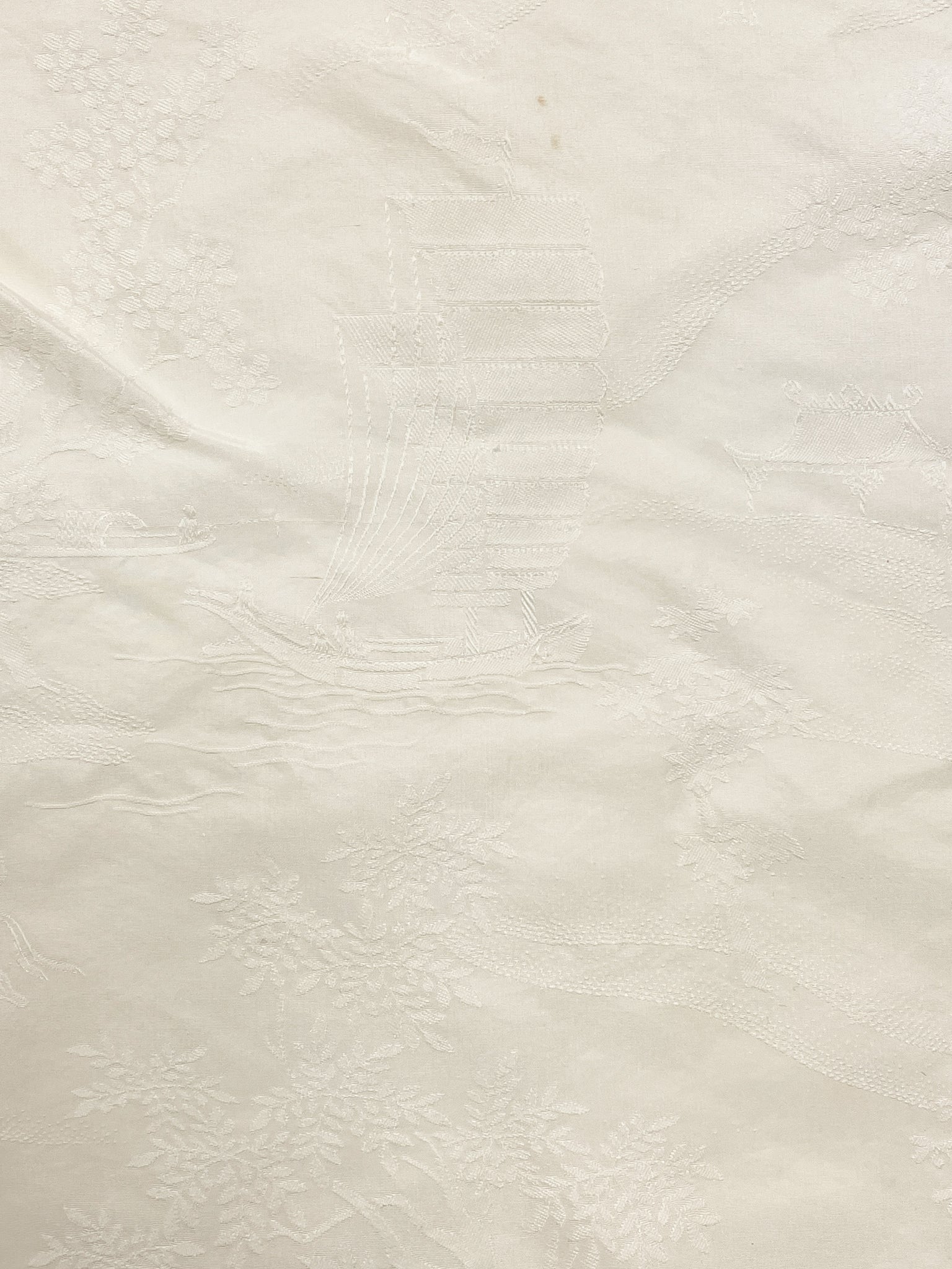 1 7/8 YD Silk Jacquard Washed Vintage - Off White with Boat Motifs