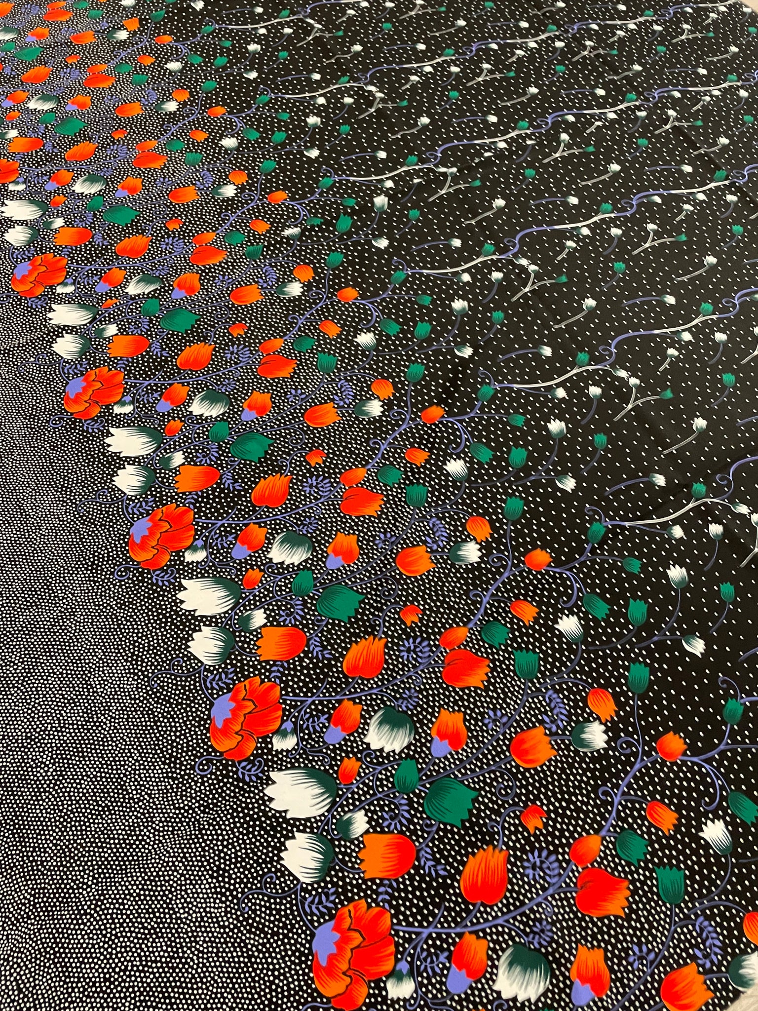 3 YD Polyester Vintage - Black with White Polka Dots and Flowers and a Border