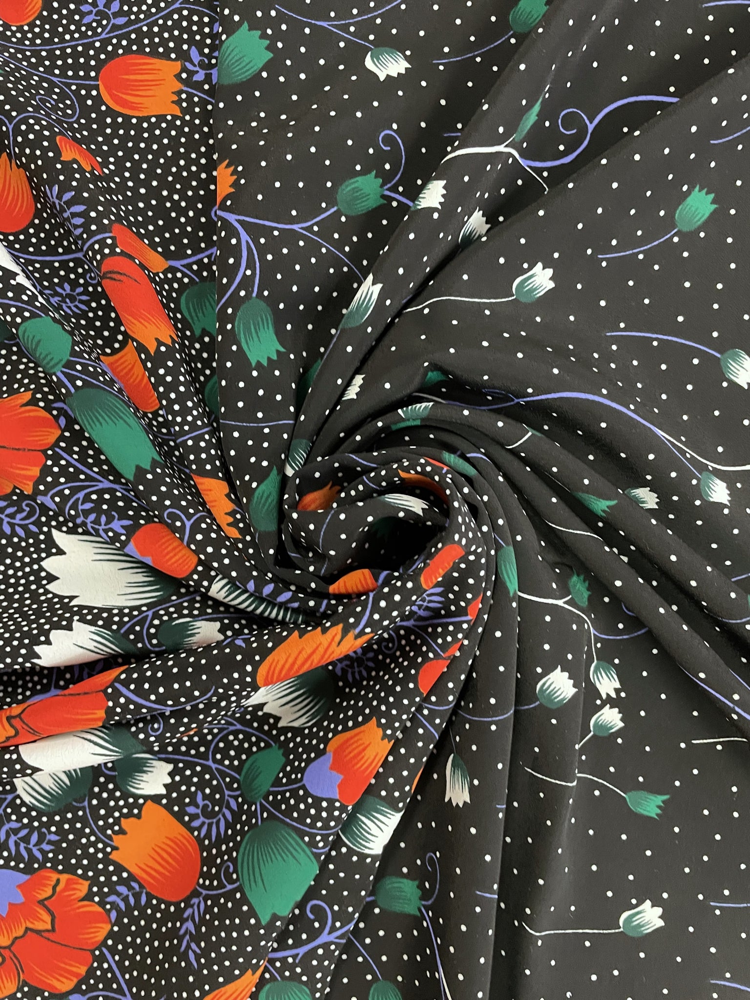 3 YD Polyester Vintage - Black with White Polka Dots and Flowers and a Border