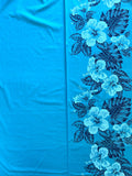 2009 Poly Cotton - Turquoise with Pale Blue Hibiscus and Navy Blue Leaf Border