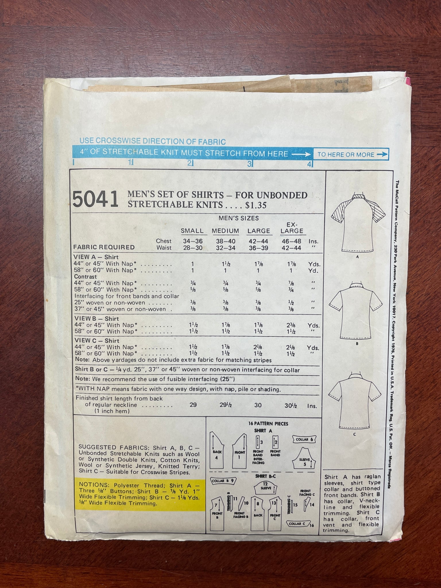 1976 McCall's 5041 Pattern - Men's Knit Shirt