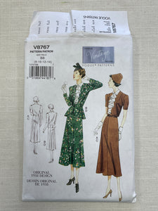1938 Reproduction Vogue 8767 Pattern - Dress, Jacket and Belt FACTORY FOLDED