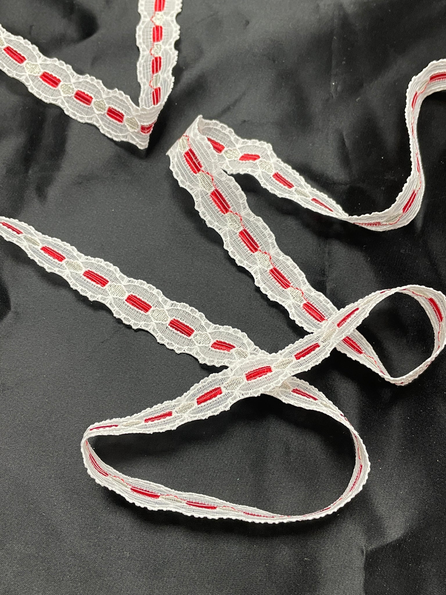 1 5/8 YD Polyester Lace Trim Vintage - White with Red Faux Insertion