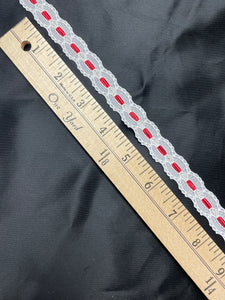1 5/8 YD Polyester Lace Trim Vintage - White with Red Faux Insertion