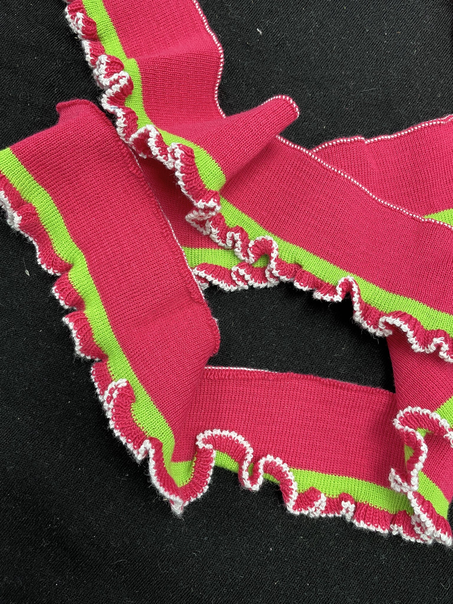 1 3/4 YD Poly/Cotton Ribbed Ruffle Vintage - Pink with Green Stripe