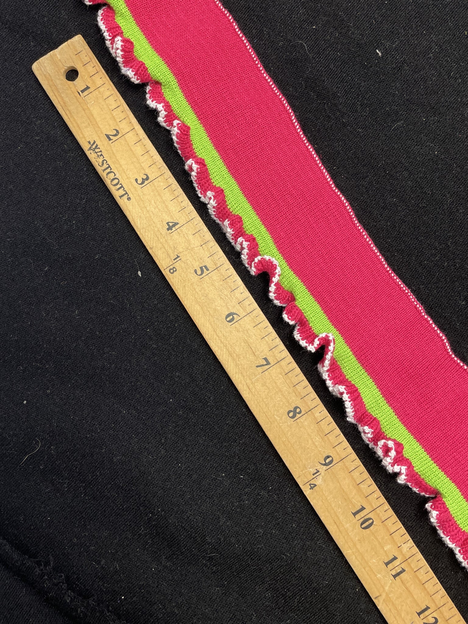 1 3/4 YD Poly/Cotton Ribbed Ruffle Vintage - Pink with Green Stripe