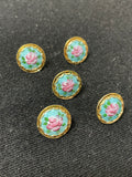 Buttons Hand-Painted Enamel Set of 5 in Metal Vintage - Flowers on Aqua or Royal Blue