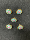 Buttons Hand-Painted Enamel Set of 5 in Metal Vintage - Flowers on Aqua or Royal Blue