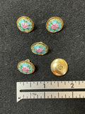 Buttons Hand-Painted Enamel Set of 5 in Metal Vintage - Flowers on Aqua or Royal Blue