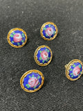 Buttons Hand-Painted Enamel Set of 5 in Metal Vintage - Flowers on Aqua or Royal Blue