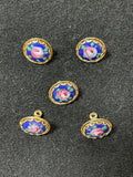 Buttons Hand-Painted Enamel Set of 5 in Metal Vintage - Flowers on Aqua or Royal Blue