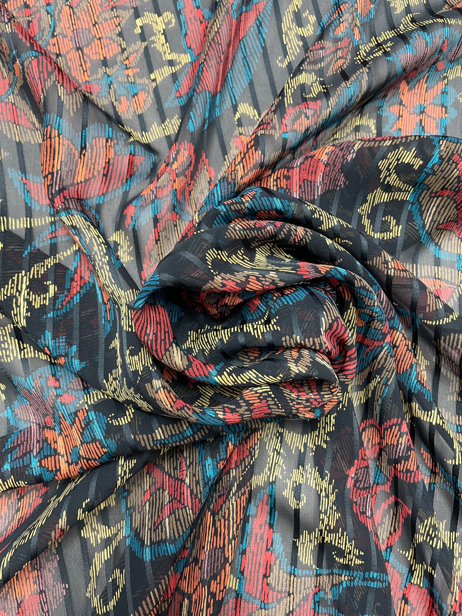 Nylon Chiffon with Self Stripe Vintage - Black with Blue, Red and Orange Flowers and Golden Yellow Filigree