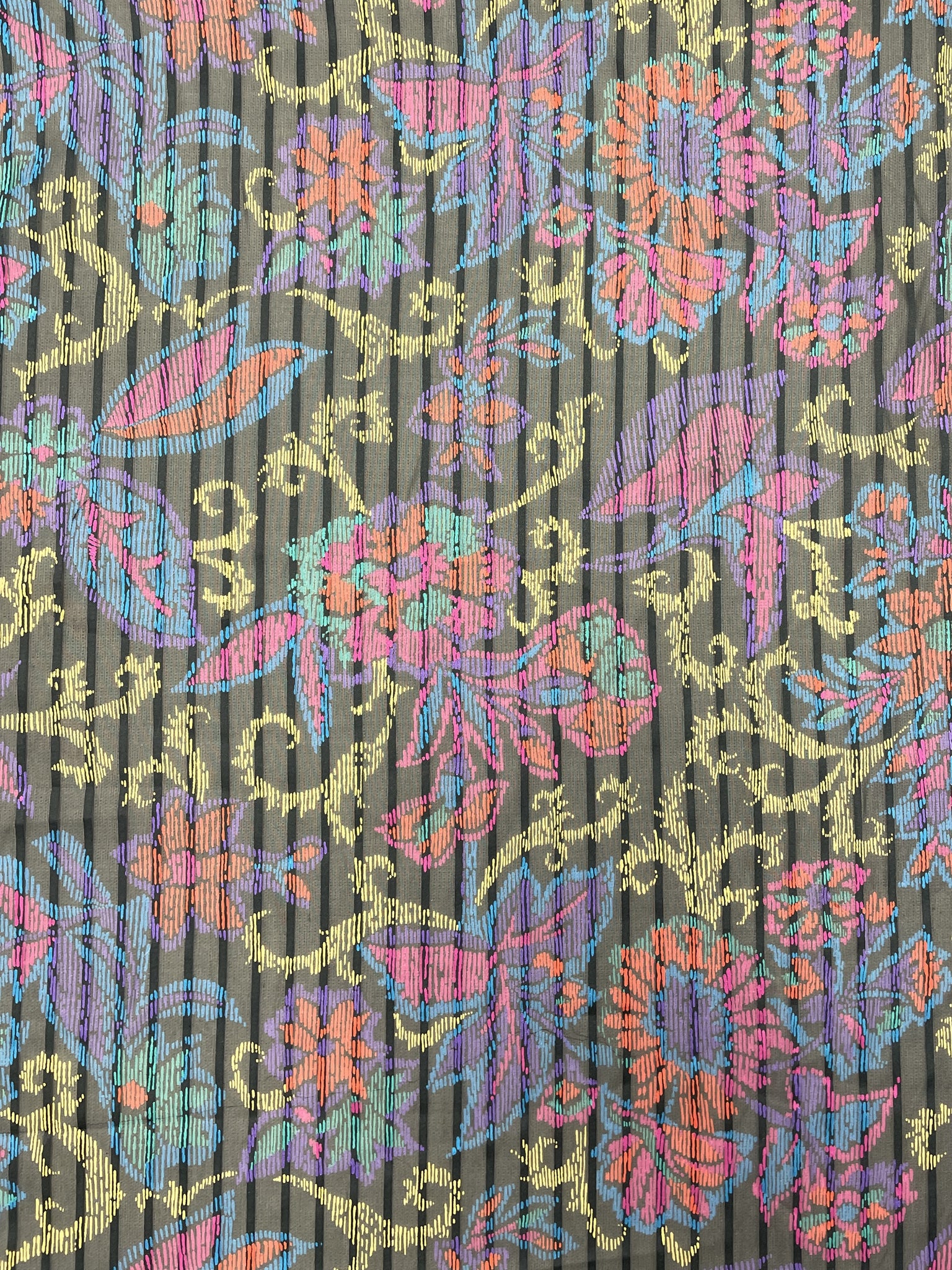 Nylon Chiffon with Self Stripe Vintage - Black with Blue, Purple, Pink, Orange Flowers and Golden Yellow Filigree