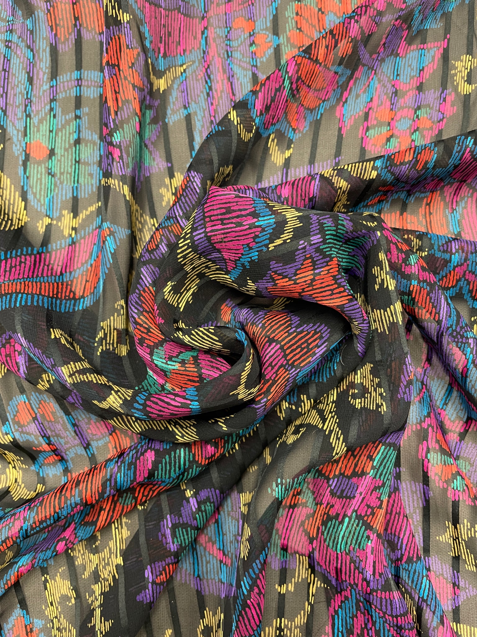 Nylon Chiffon with Self Stripe Vintage - Black with Blue, Purple, Pink, Orange Flowers and Golden Yellow Filigree