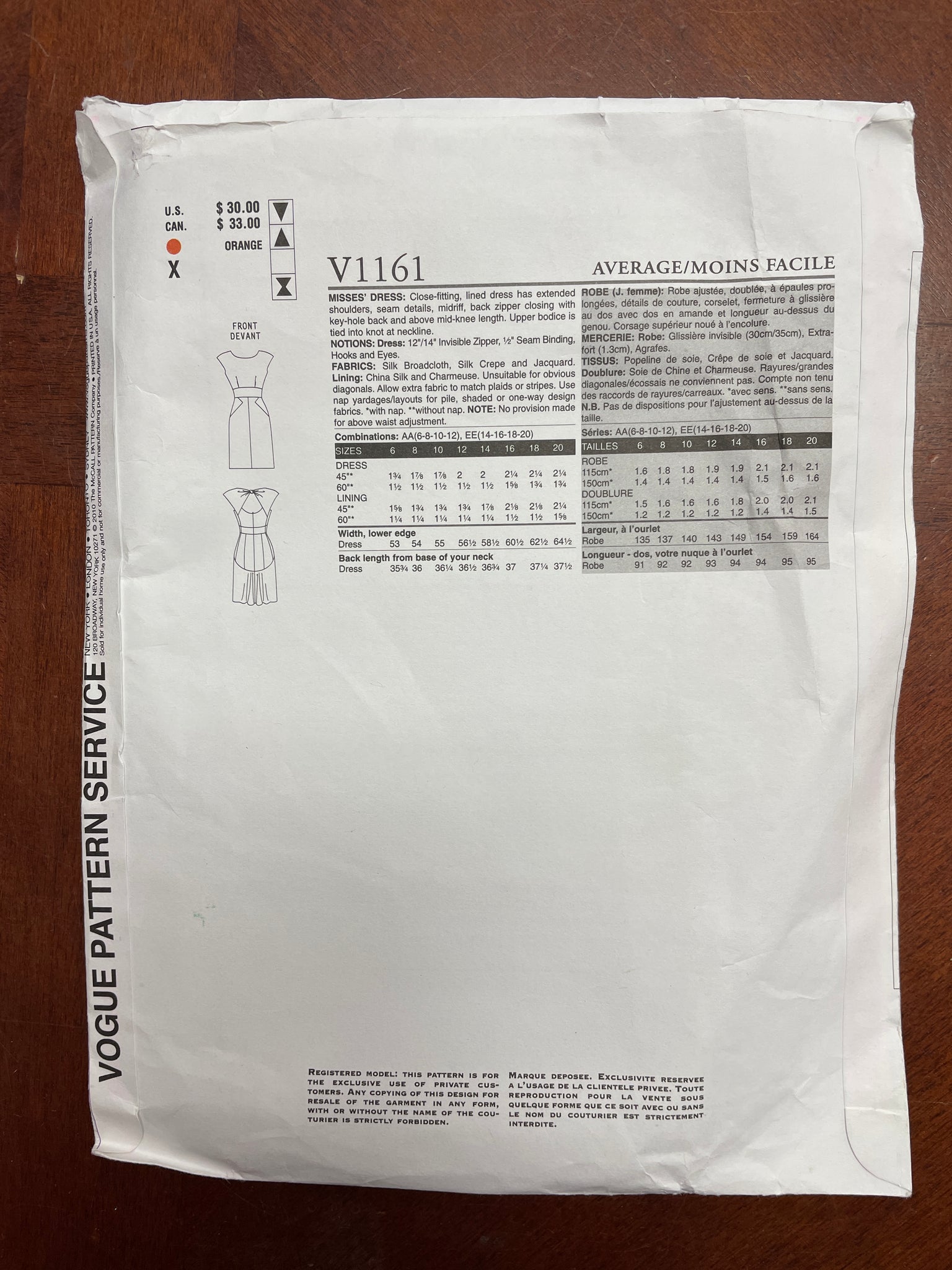 2010 Vogue 1161 Pattern - Dress FACTORY FOLDED