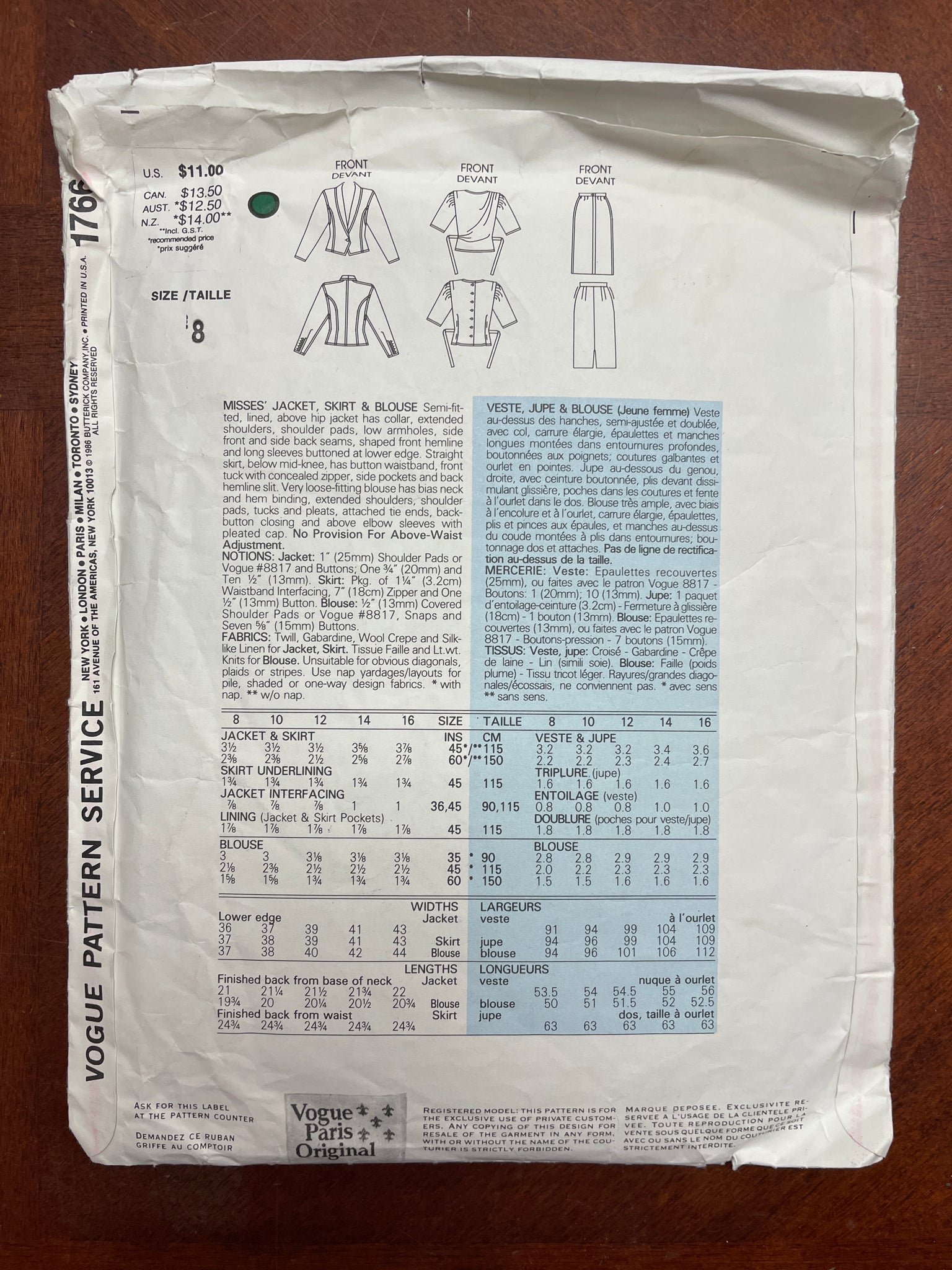 1986 Vogue 1766 Pattern - Jacket, Skirt, and Blouse FACTORY FOLDED