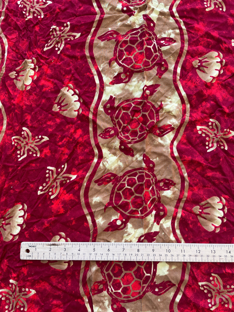 1 5/8 YD Rayon - Red and Tan with Turtles and Self Fringe on Cut Ends