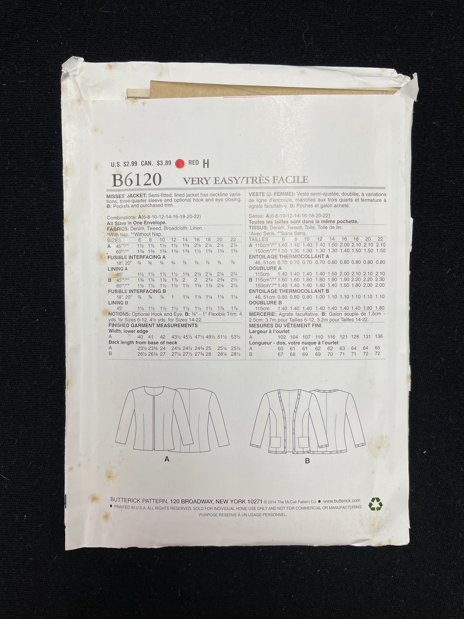 2014 See & Sew 6120 Sewing Pattern - Jacket FACTORY FOLDED