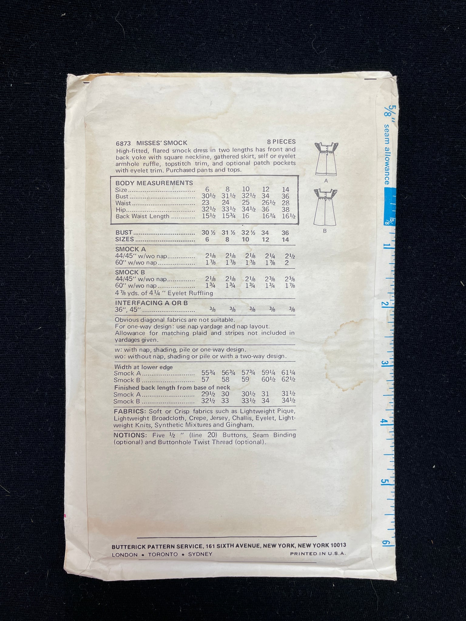 1970's Butterick 6873 Sewing Pattern - Smock FACTORY FOLDED