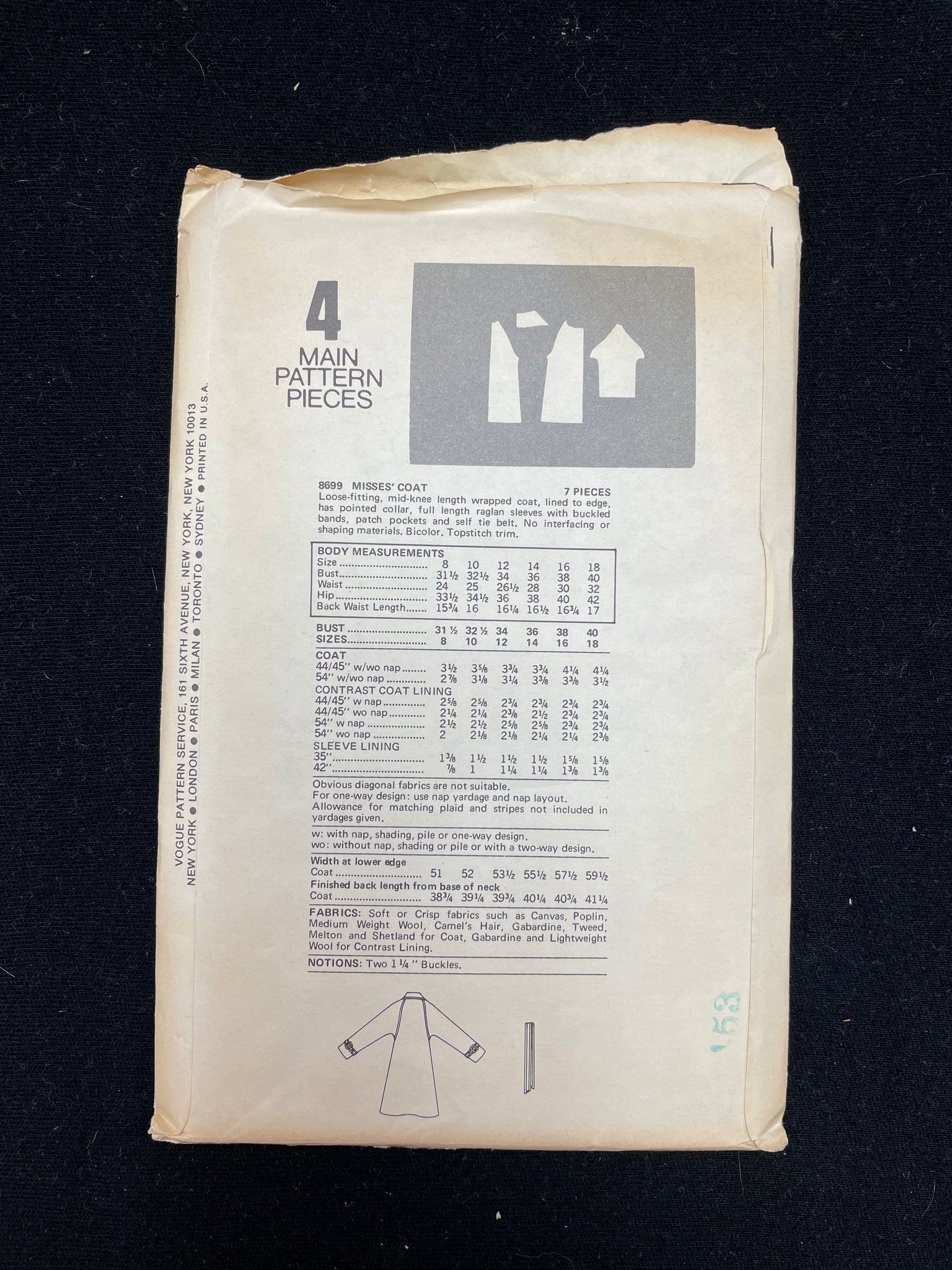 1970's Vogue 8699 Sewing Pattern - Coat FACTORY FOLDED