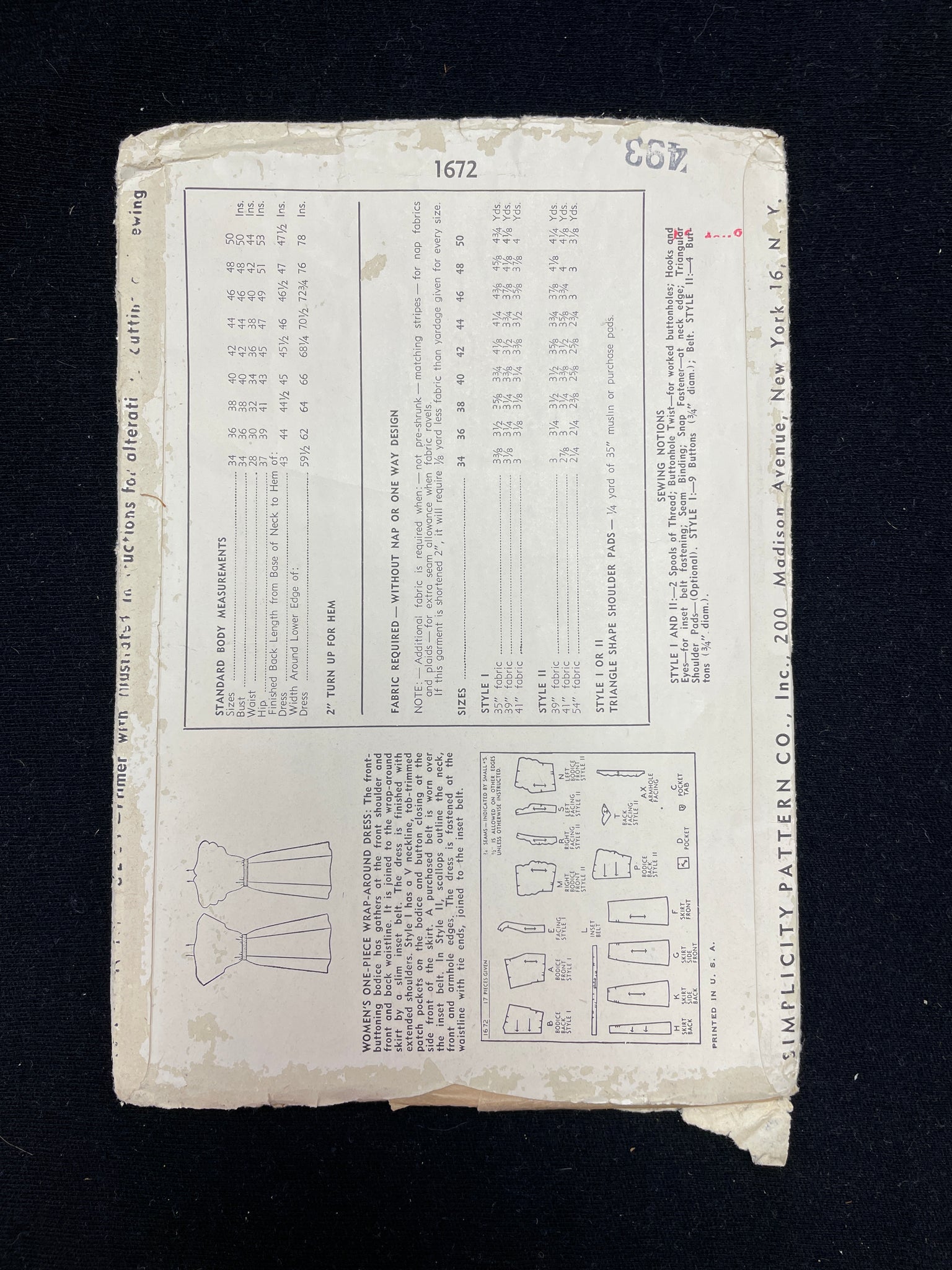 1946 Simplicity 1672 Sewing Pattern - Wrap Dress FACTORY FOLDED