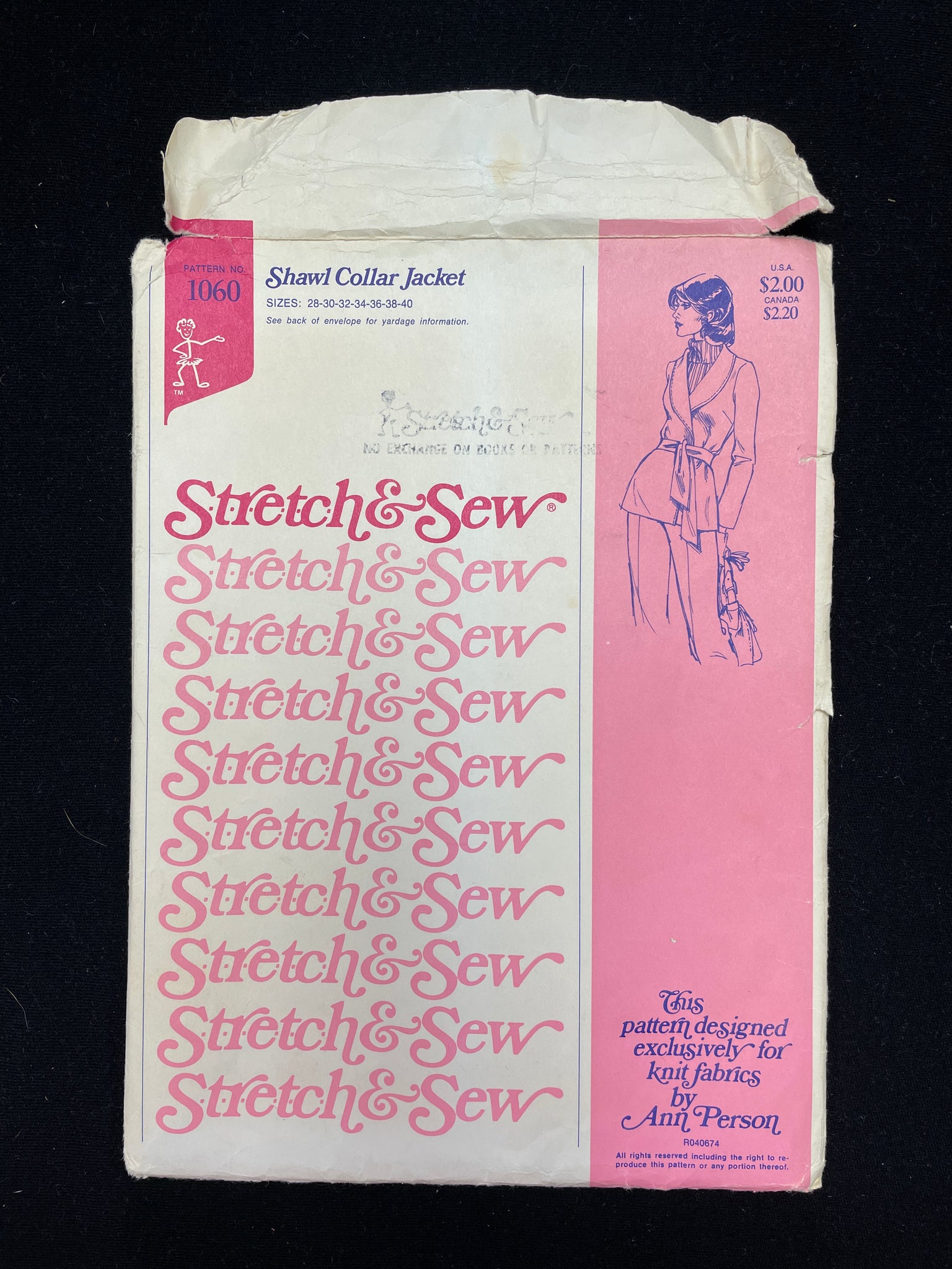 1974 Stretch & Sew 1060 Sewing Pattern - Shawl Collar Jacket FACTORY FOLDED