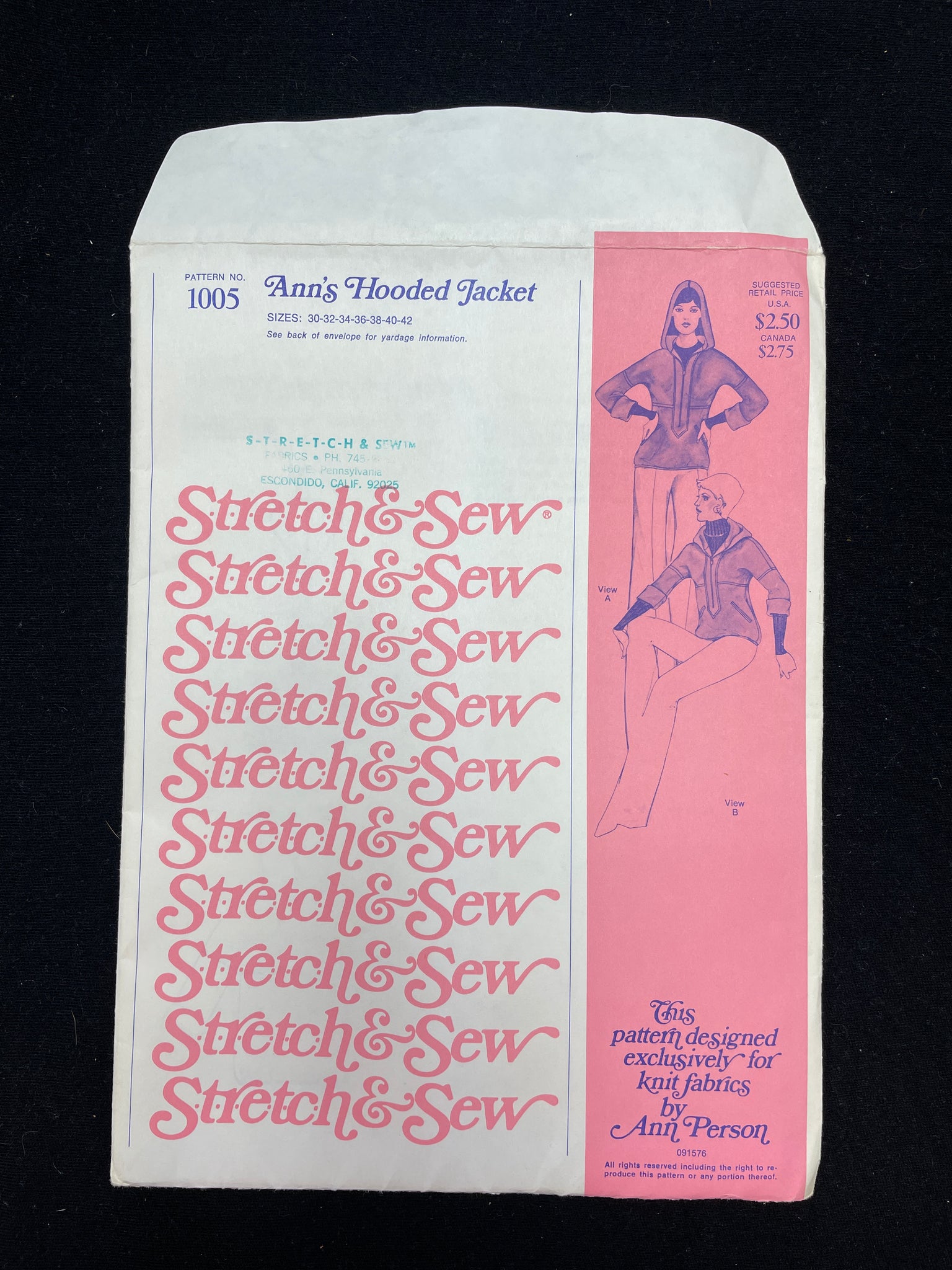 1976 Stretch & Sew 1005 Sewing Pattern - Hooded Pullover Jacket FACTORY FOLDED