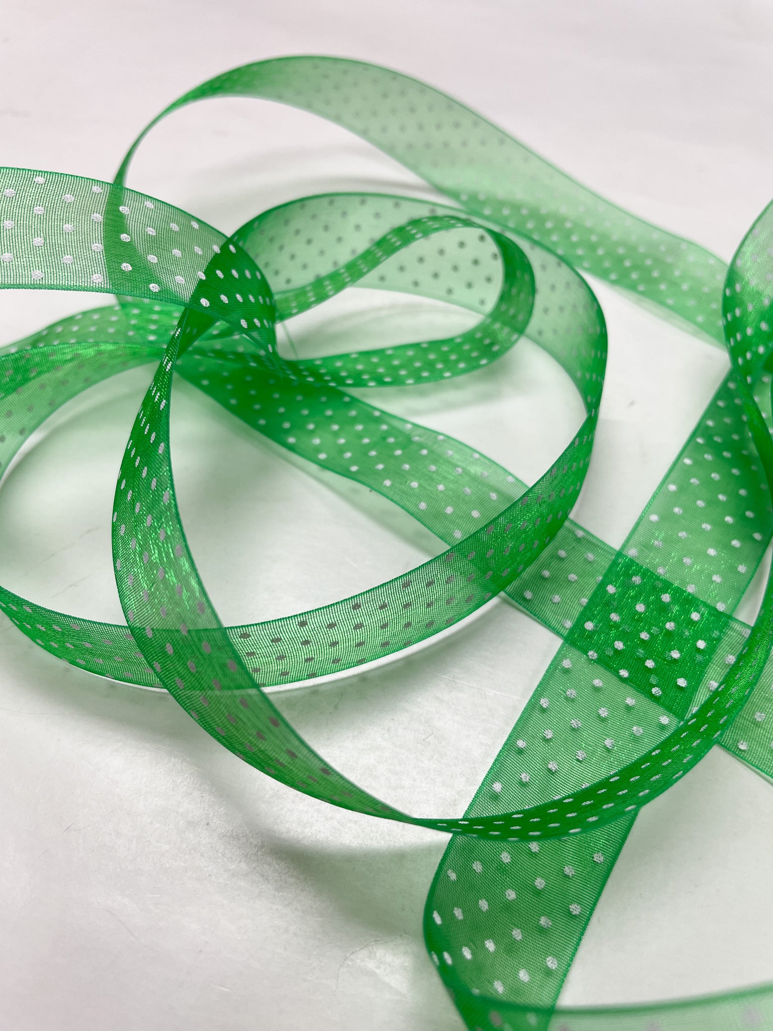 2 1/4 YD Nylon Organza Ribbon - Green with White Dots