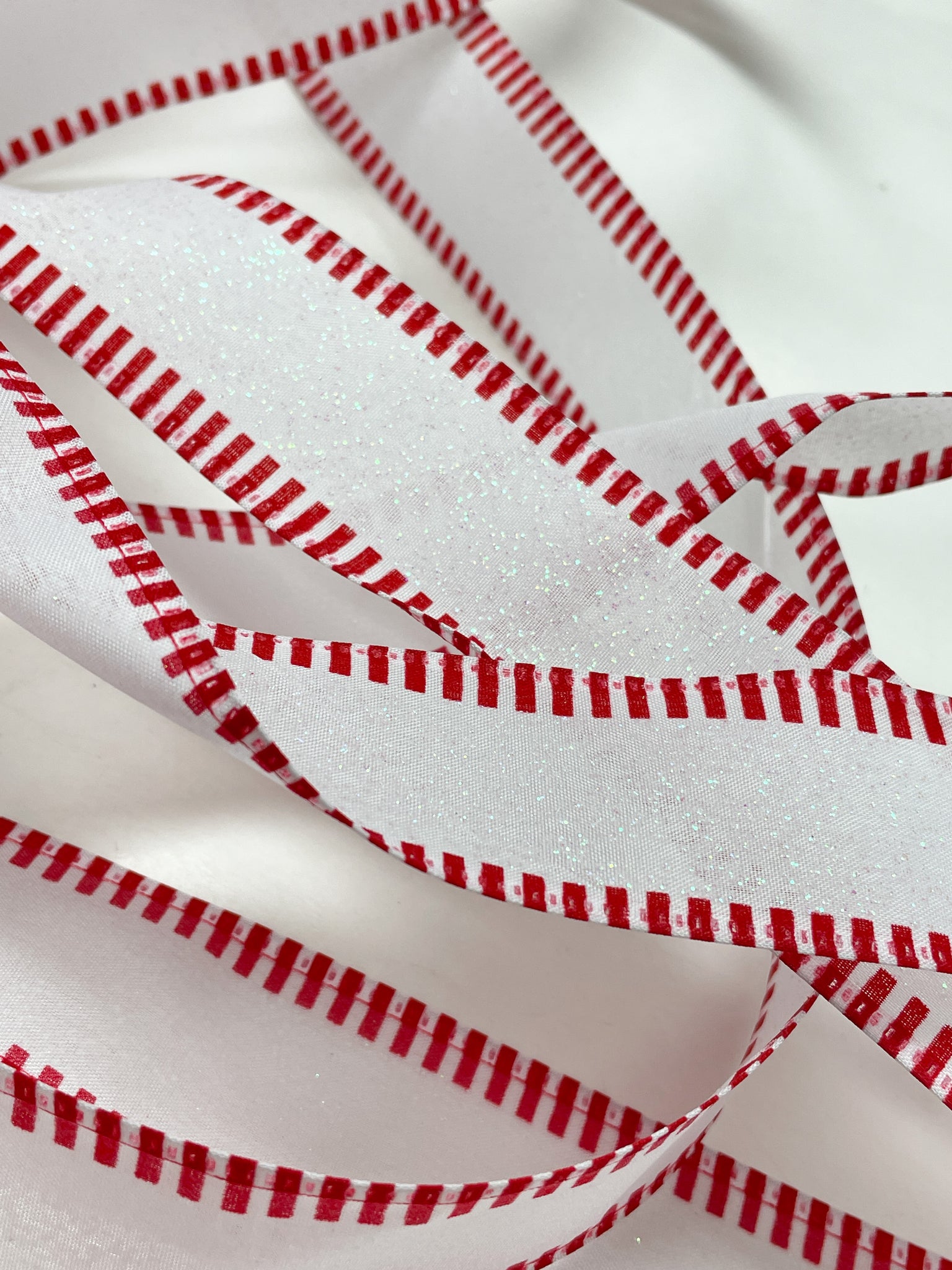 7 1/2 YD Wired Ribbon - White with Iridescent Glitter and Red Stripes
