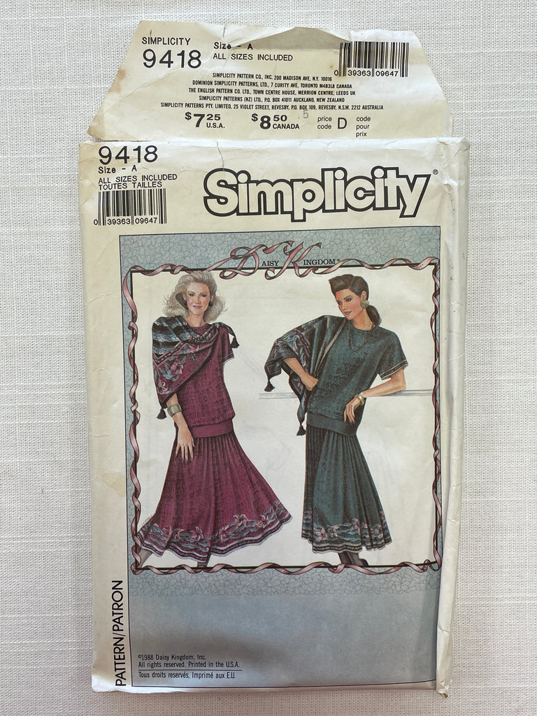 1988 Simplicity 9418 Pattern - Top, Skirt and Scarf FACTORY FOLDED