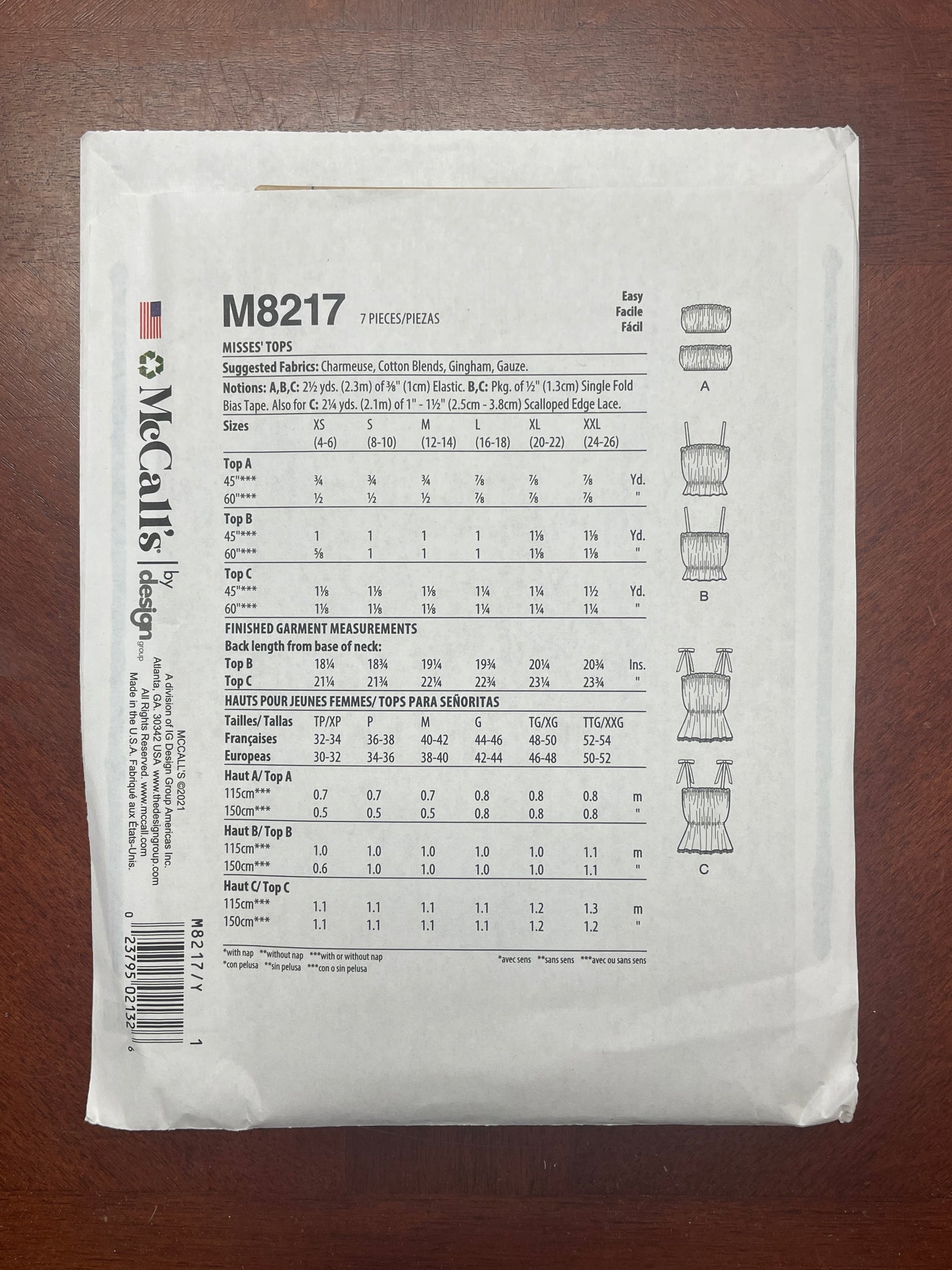 2021 McCall's 8217 Pattern - Tops FACTORY FOLDED