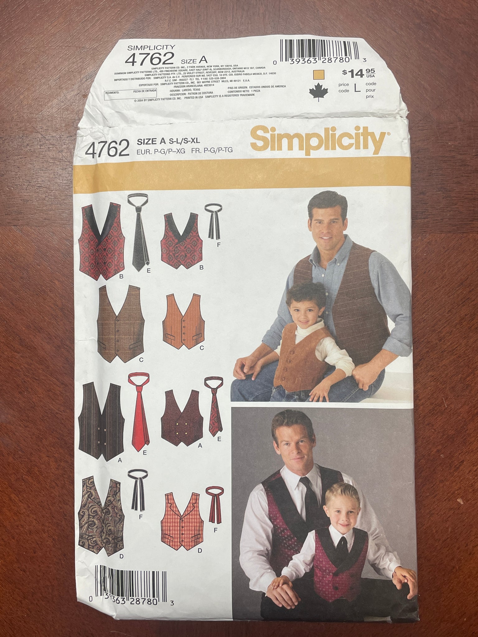 2004 Simplicity 4762 Pattern - Men and Boys' Vest and Neck Ties FACTORY FOLDED