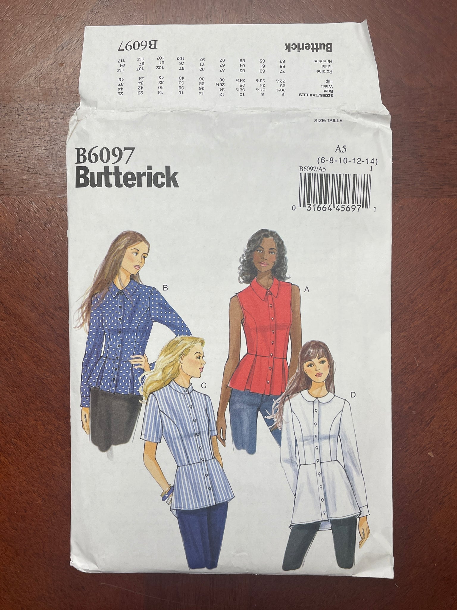 2014 Butterick 6097 Pattern - Shirts FACTORY FOLDED