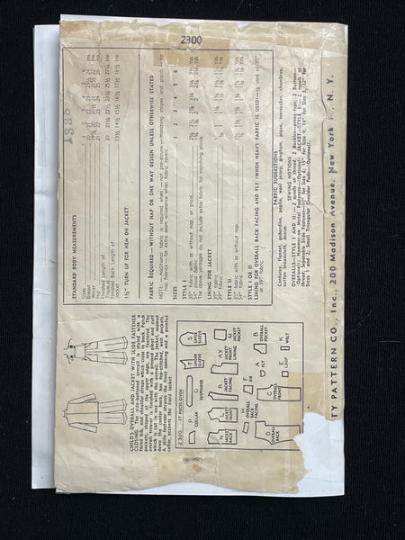 1948 Simplicity 2300 Sewing Pattern - Child's Overalls and Jacket ...