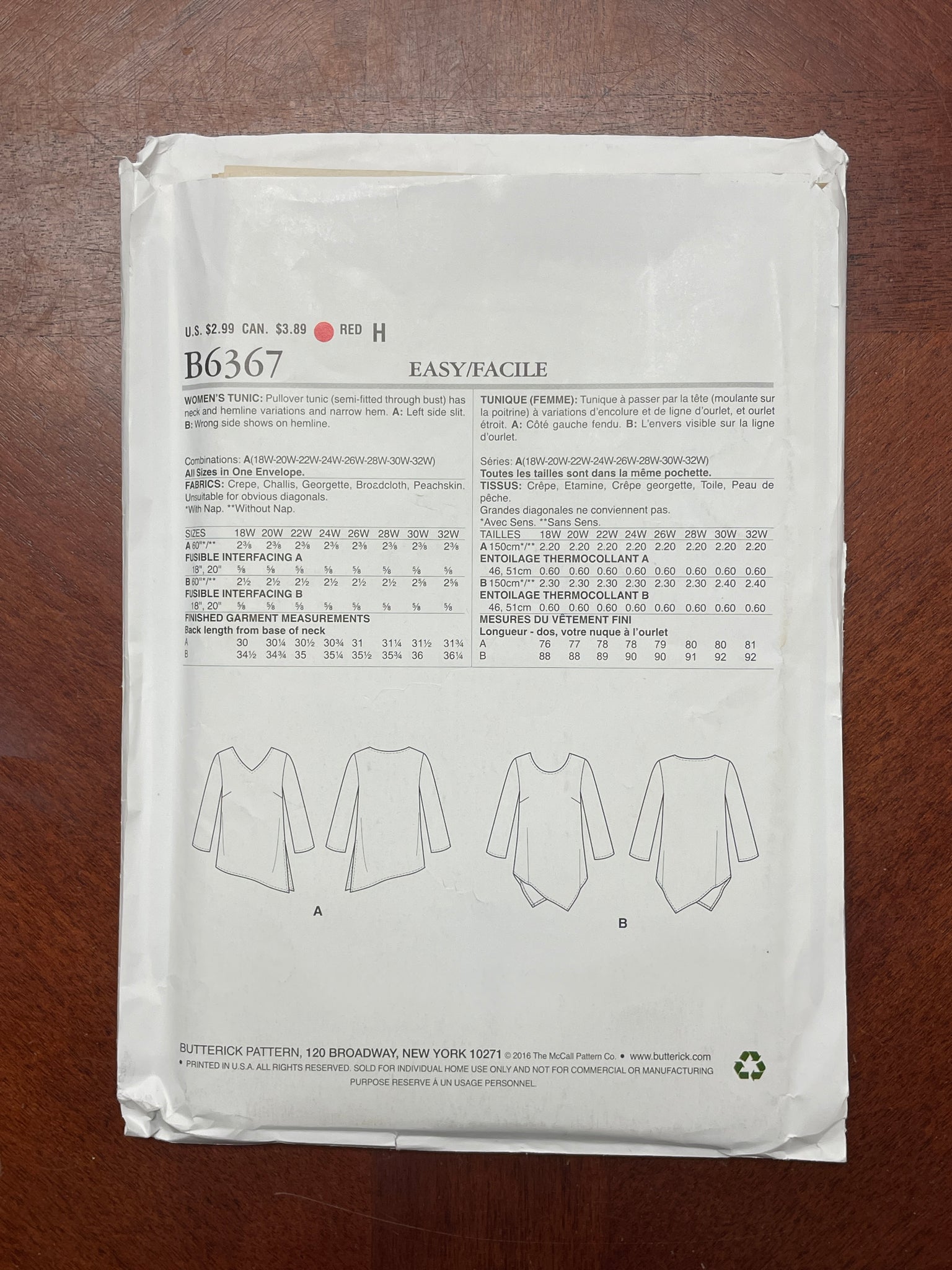 2016 See & Sew 6367 Pattern - Tunic FACTORY FOLDED