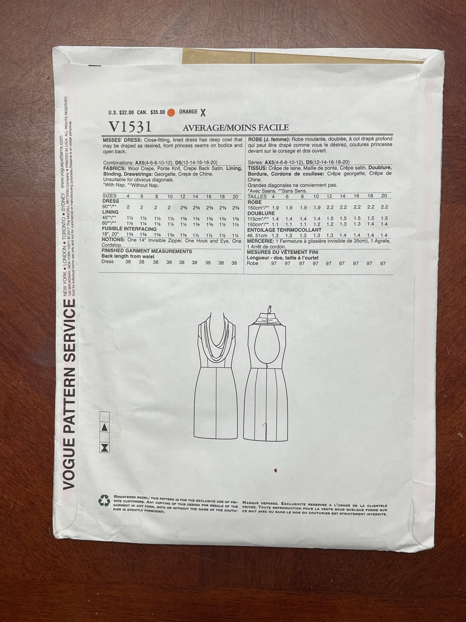 2017 Vogue 1531 Pattern - Dress FACTORY FOLDED