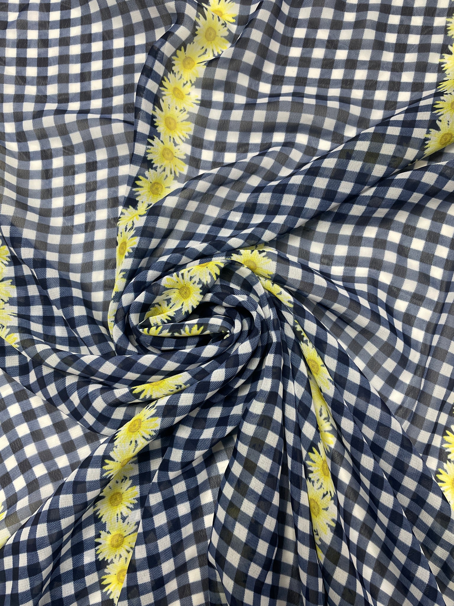 2 1/4 YD Polyester Chiffon Printed Gingham - Blue and White with Stripes of Yellow Flowers