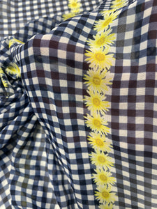 2 1/4 YD Polyester Chiffon Printed Gingham - Blue and White with Stripes of Yellow Flowers