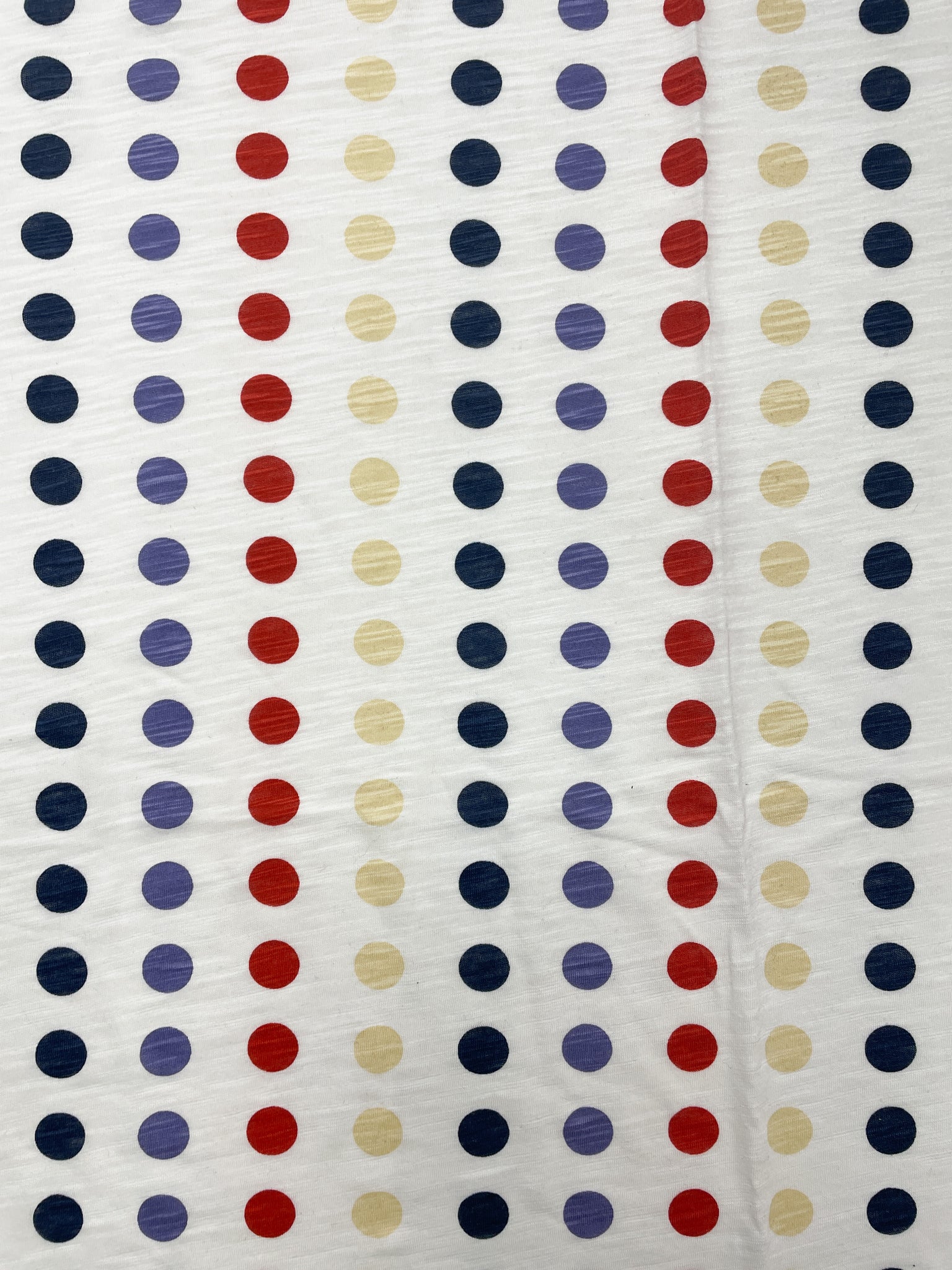 1 YD Cotton Blend Jersey Knit - White with Multi Colored Polka Dots