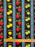 Cotton Vintage - Stripes of Red, Yellow, and Green Apples on Black with Blue Stripes