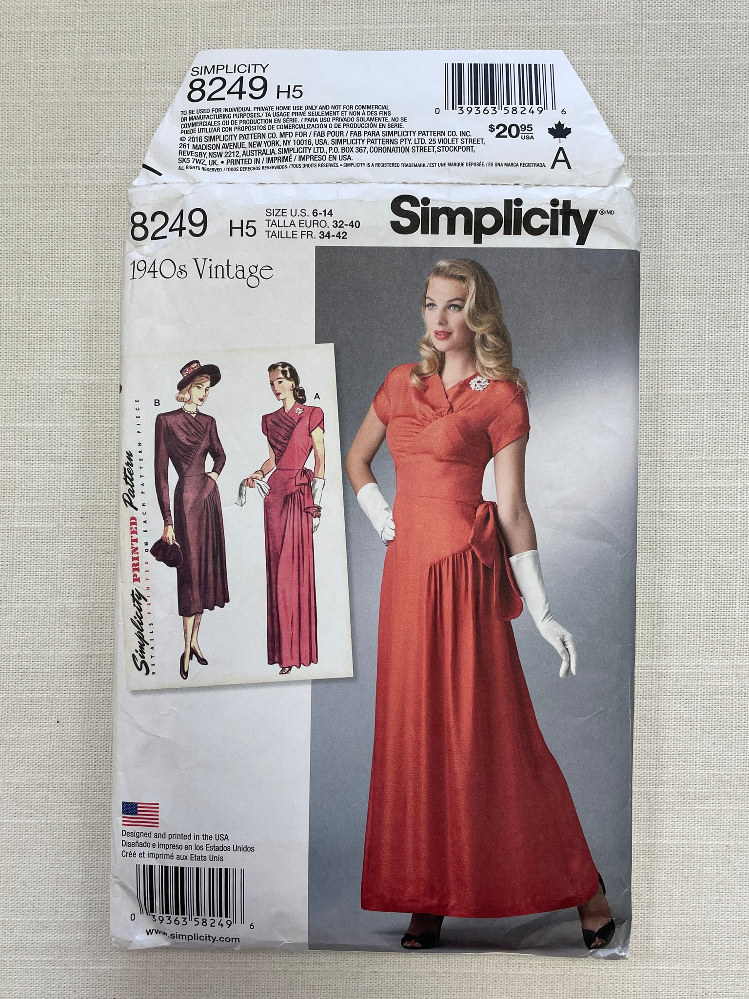 2016 Simplicity 8249 Pattern - 1940's Dress FACTORY FOLDED