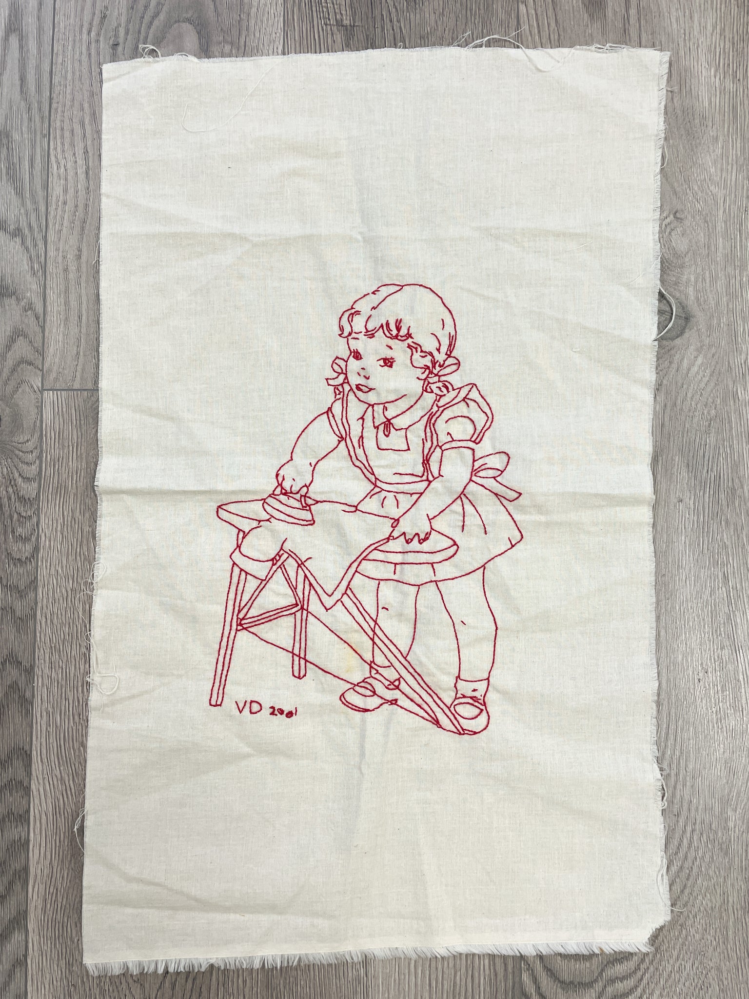 Red Work Embroidery on Cotton Batiste - Girl Ironing