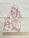 Red Work Embroidery on Cotton Batiste - Girl Ironing