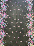 1980 4 YD Nylon Tricot Knit Vintage - Two Wide Floral Borders and Flowers in the Center of Black